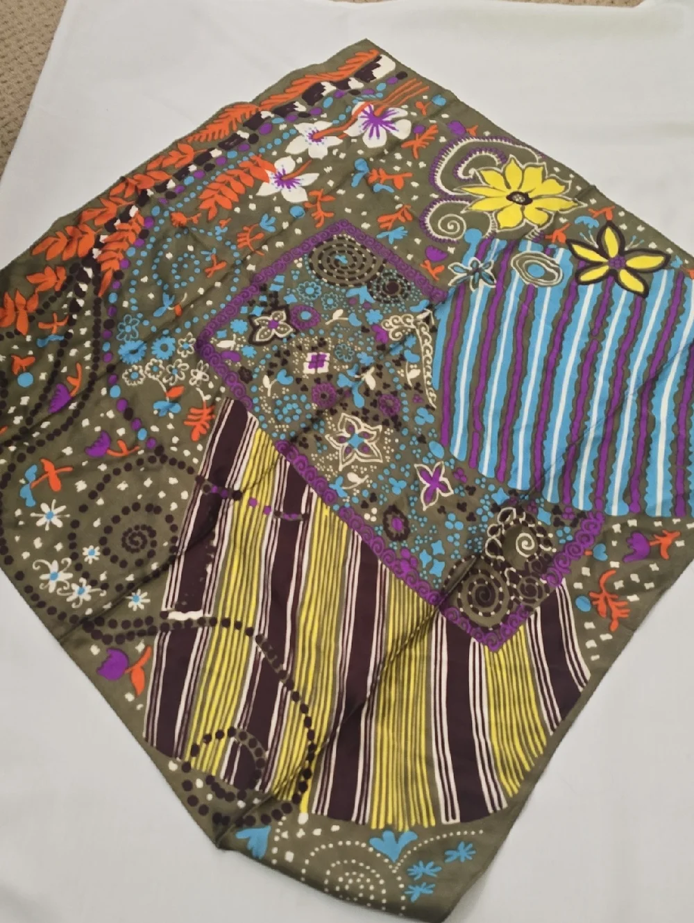 Boho Floral Patchwork Scarf in Olive Green